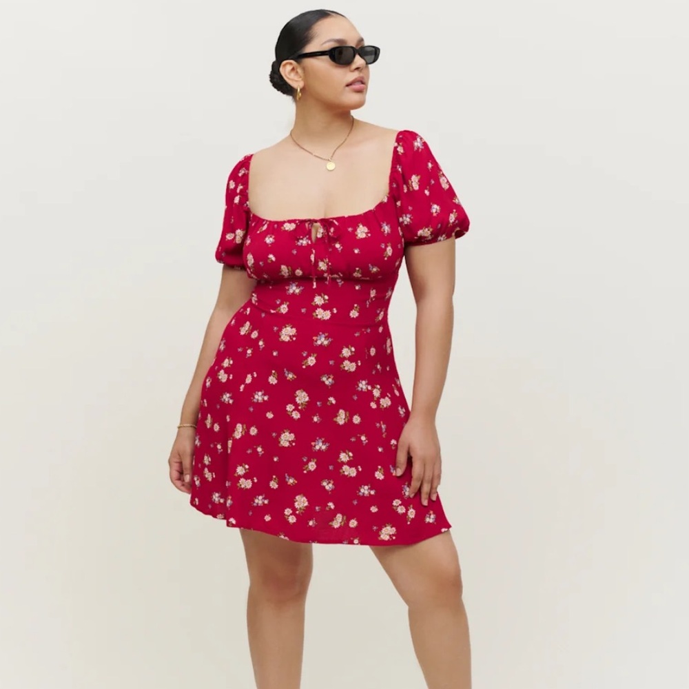 Square-Neck Red Floral Mini Dress
